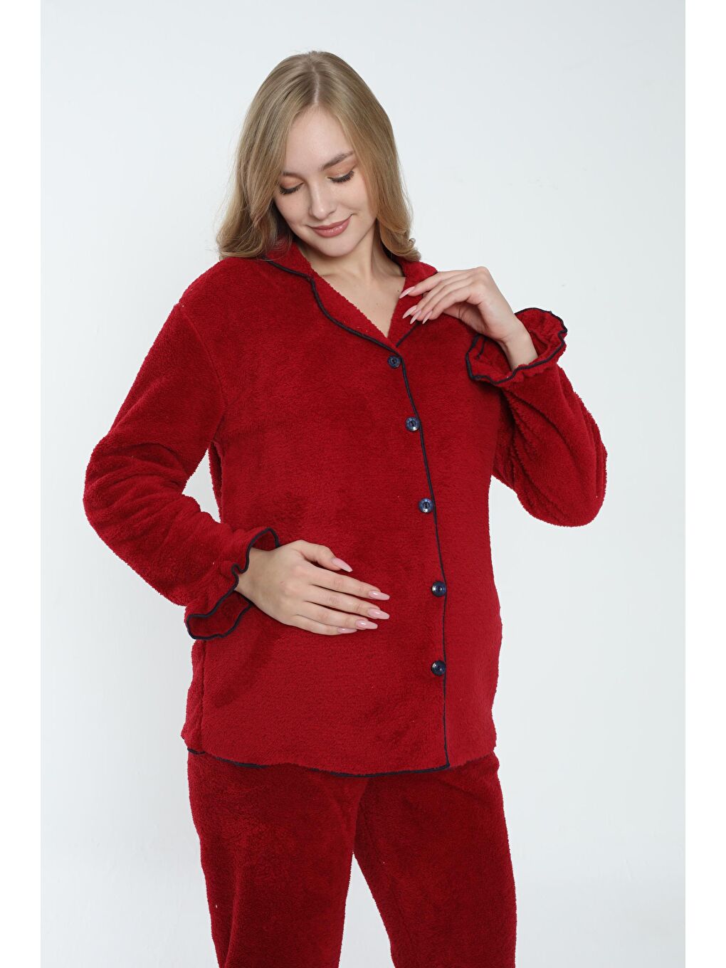 Bordo Önden Düğmeli Hamile ve Lohusa Pelüş Pijama Takımı-3