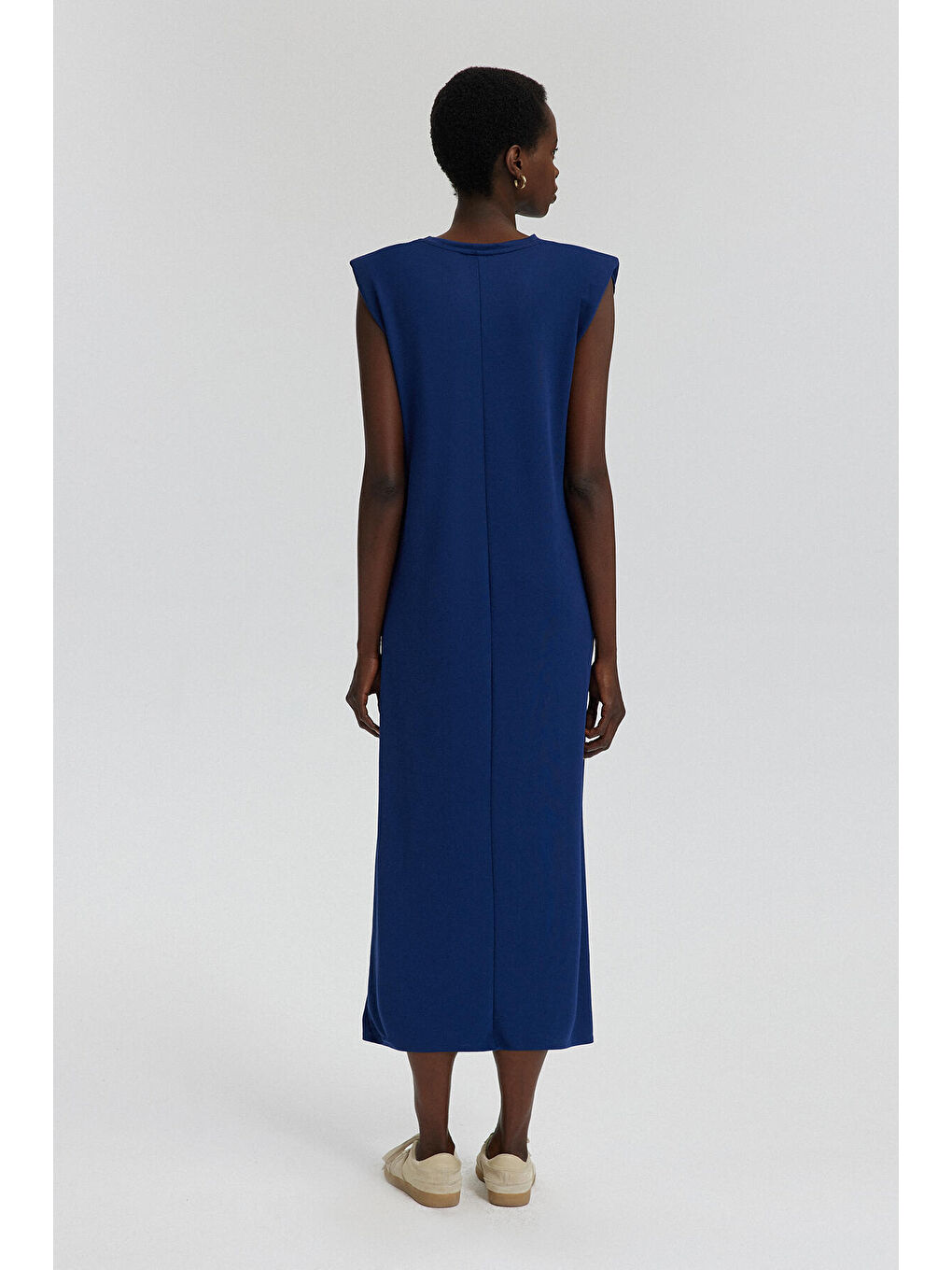 Lacivert Bisiklet Yaka Vatkalı Elbise-3