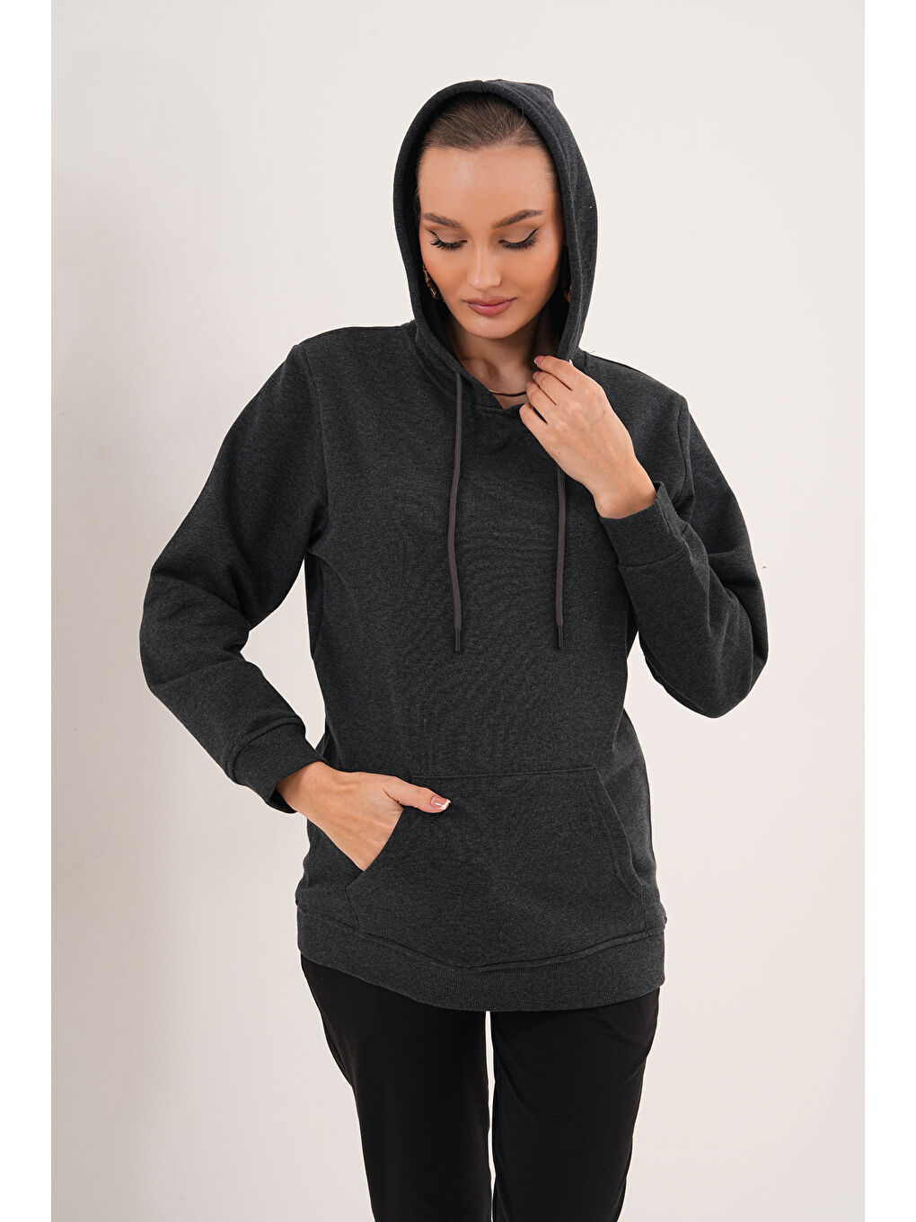 Antrasit %100 Pamuk Hamile ve Lohusa Basic Kapüşonlu Sweatshirt-8