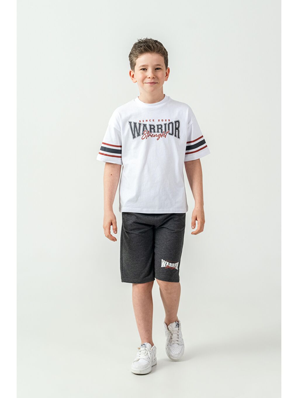 Antrasit Warrior Strenght Baskılı Erkek Çocuk Şort - Tişört Takımı-1
