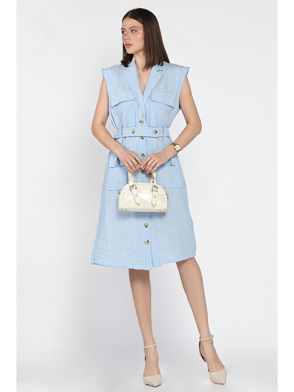 Mavi Kadın Kruvaze Yaka Kuşak Detaylı Boydan Düğmeli Elbise-1