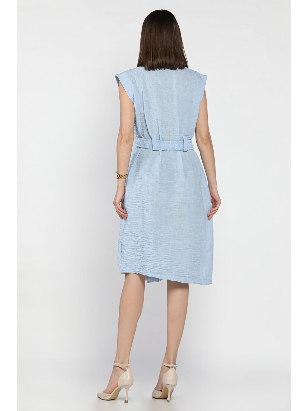 Mavi Kadın Kruvaze Yaka Kuşak Detaylı Boydan Düğmeli Elbise-2