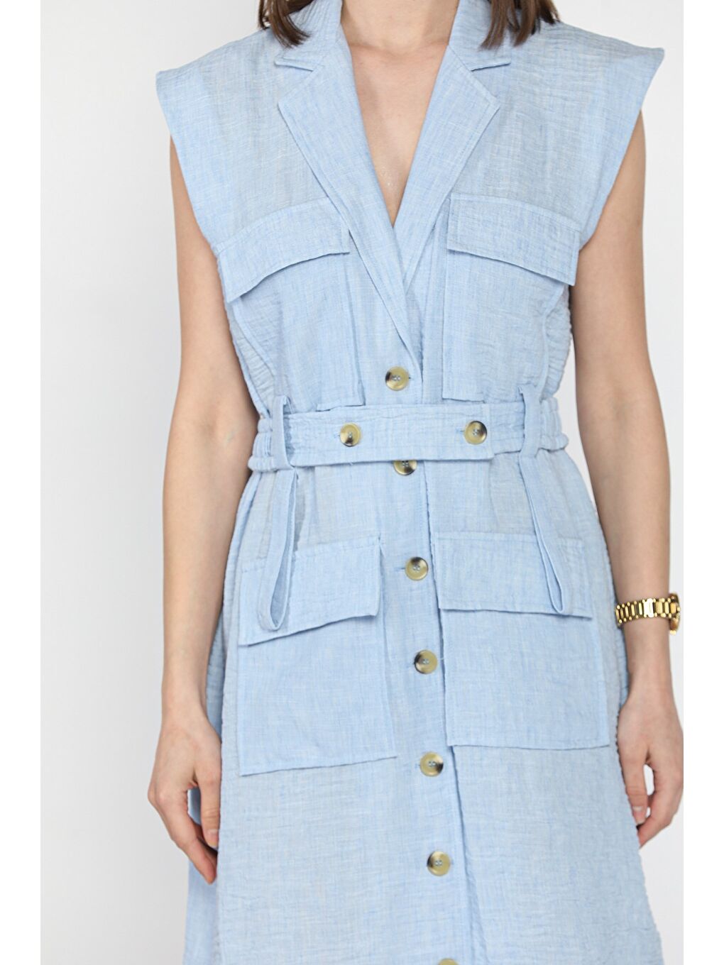 Mavi Kadın Kruvaze Yaka Kuşak Detaylı Boydan Düğmeli Elbise-3