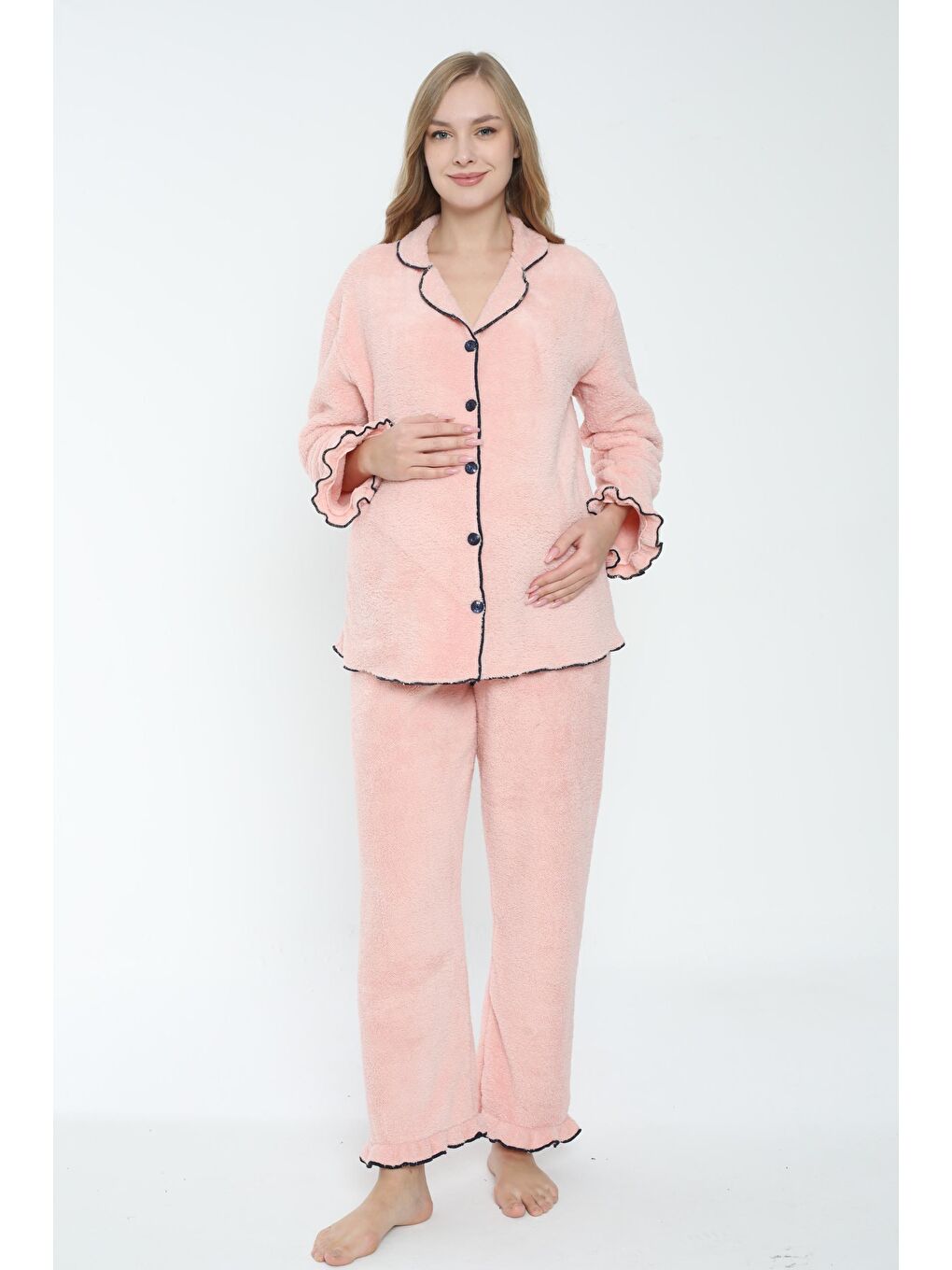 Pembe Somon Önden Düğmeli Hamile ve Lohusa Pelüş Pijama Takımı