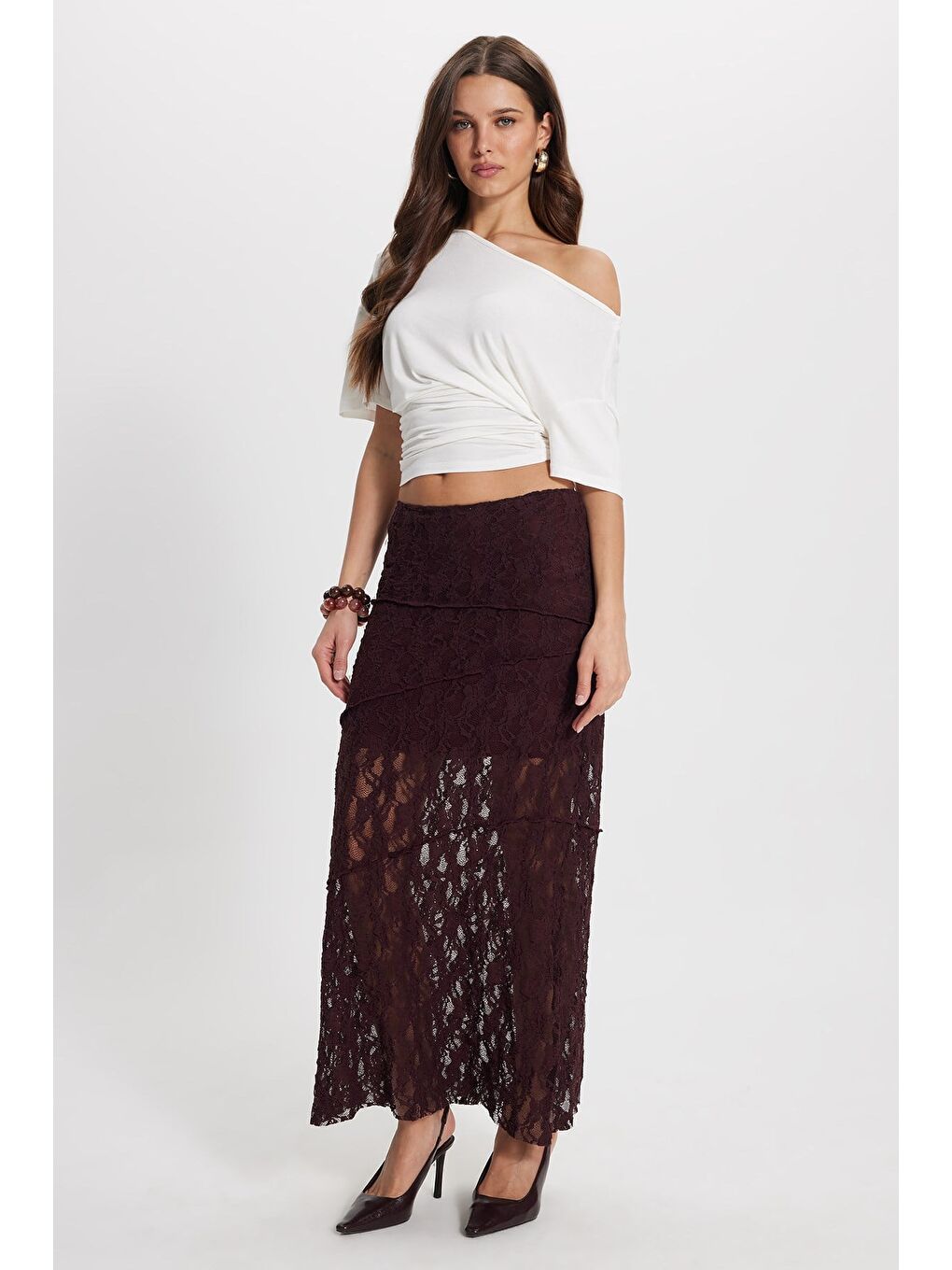Kadın Slim Fit Dar Kesim Lastikli Yüksek Bel Dantelli Bordo Etek