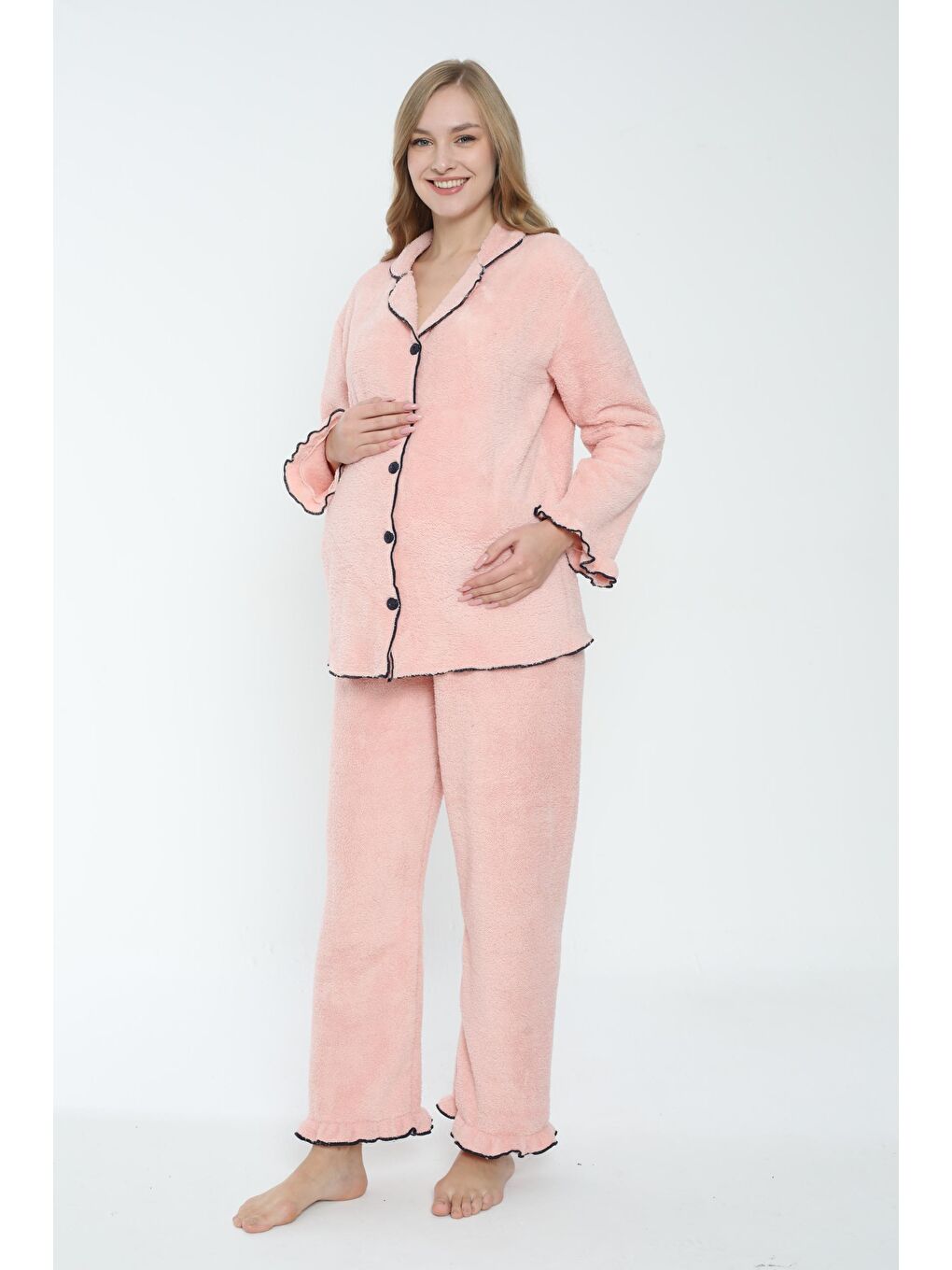 Pembe Somon Önden Düğmeli Hamile ve Lohusa Pelüş Pijama Takımı-1