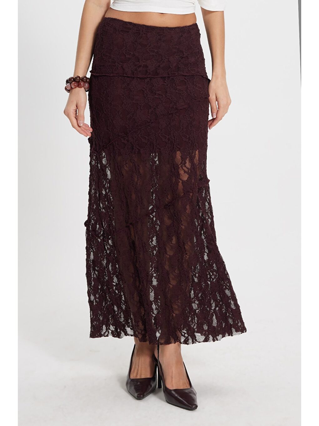 Kadın Slim Fit Dar Kesim Lastikli Yüksek Bel Dantelli Bordo Etek-1