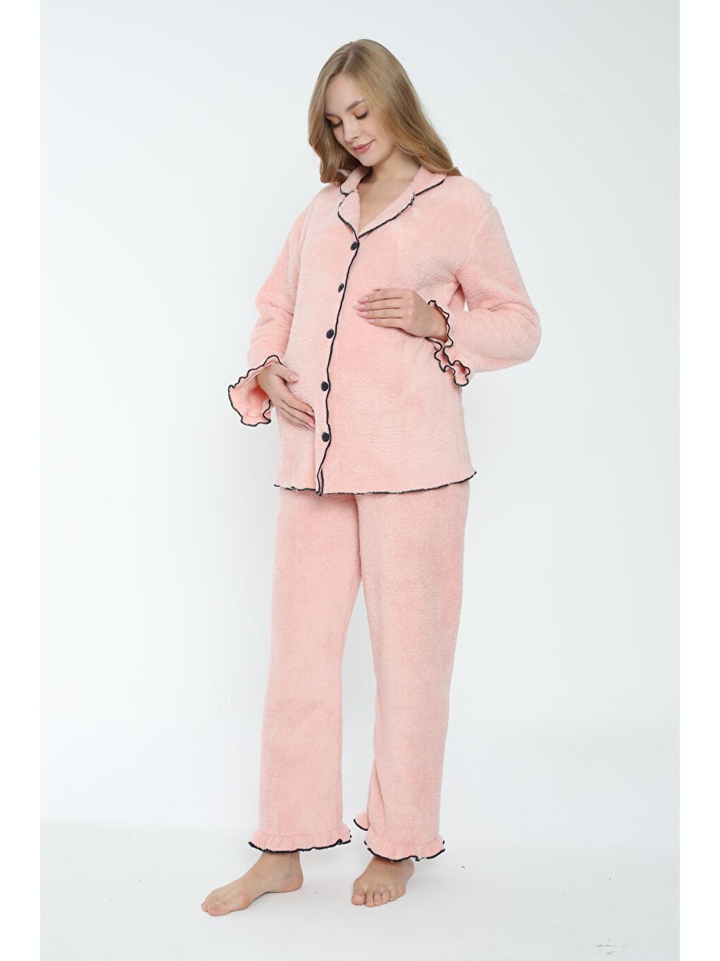 Pembe Somon Önden Düğmeli Hamile ve Lohusa Pelüş Pijama Takımı-2