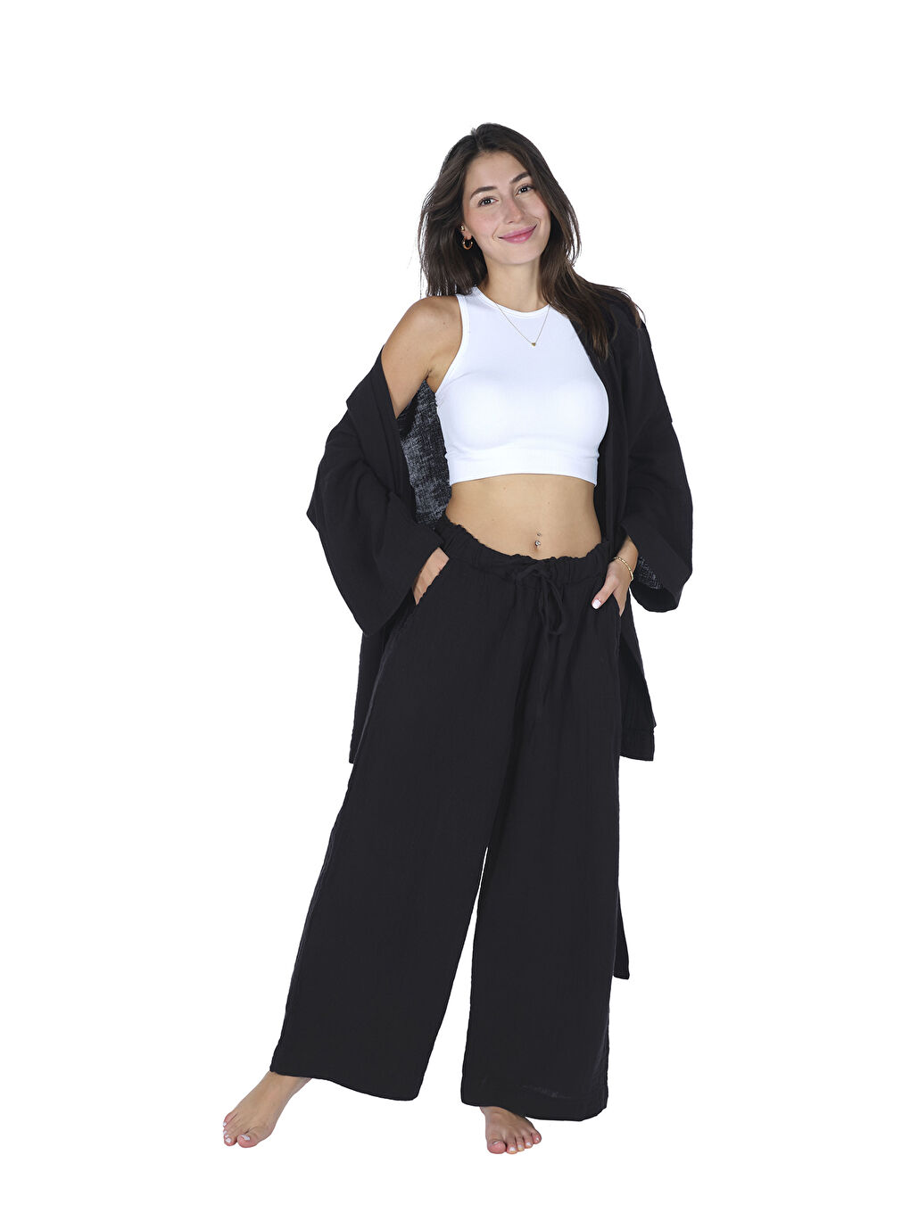 Wheeppo Siyah Loungewear Tek Pantolon (Lastikli Ve Cepli) – %100 Pamuk Bürümcük Müslin Rahat Kalıp Ev Giyim