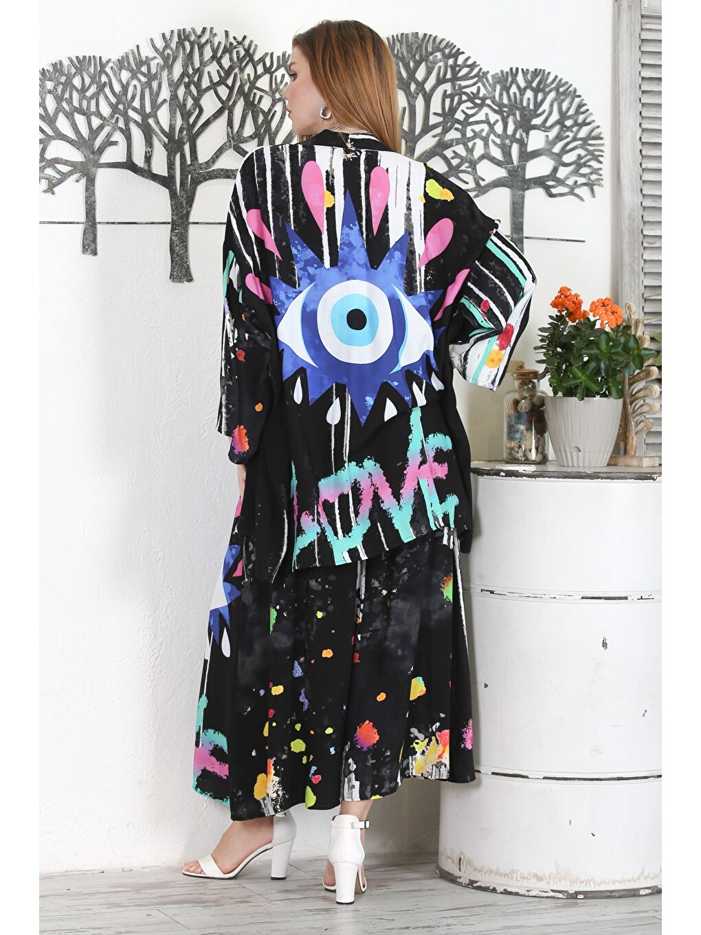 Siyah Kimono Yaka Uzun Kol Allover Baskılı Lastikli Bel Geniş Paça Casual Dokuma Takım-6