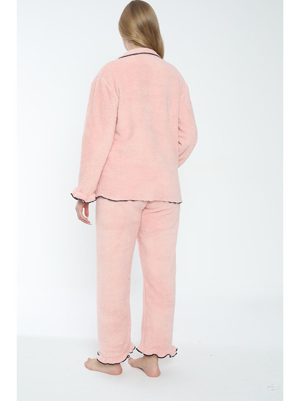 Pembe Somon Önden Düğmeli Hamile ve Lohusa Pelüş Pijama Takımı-3