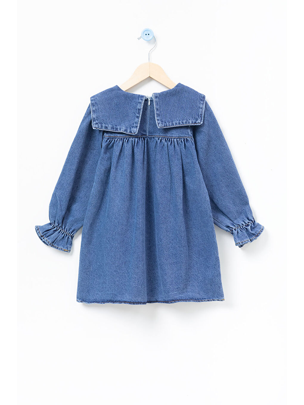 Lacivert Yaka Papatya Nakışlı Uzun Kol Kız Çocuk Jean Elbise 20689-3