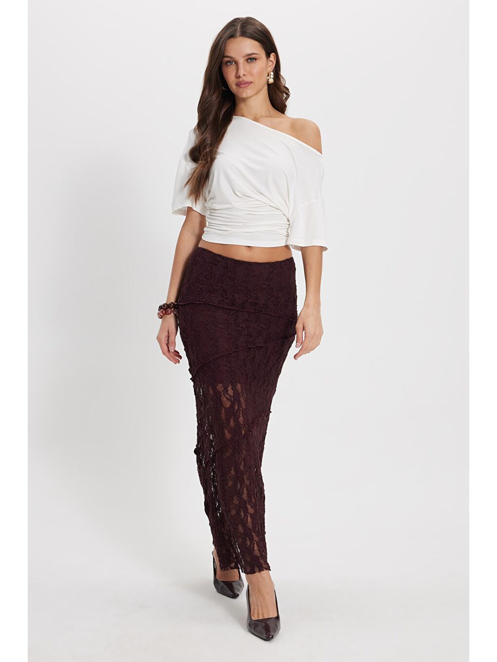Kadın Slim Fit Dar Kesim Lastikli Yüksek Bel Dantelli Bordo Etek-2