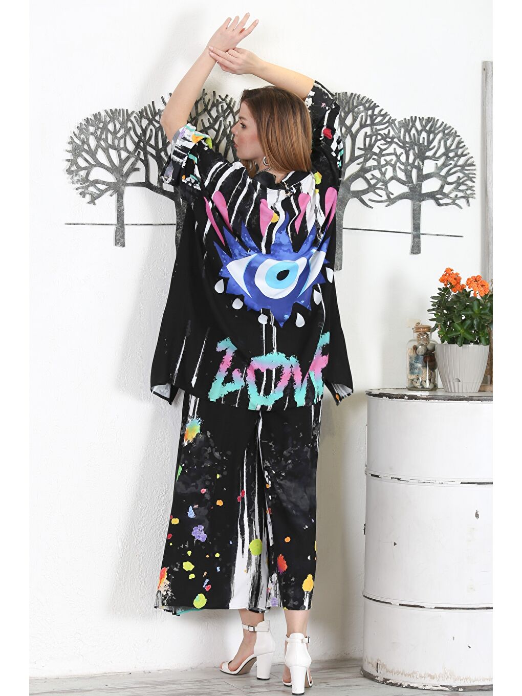Siyah Kimono Yaka Uzun Kol Allover Baskılı Lastikli Bel Geniş Paça Casual Dokuma Takım-7