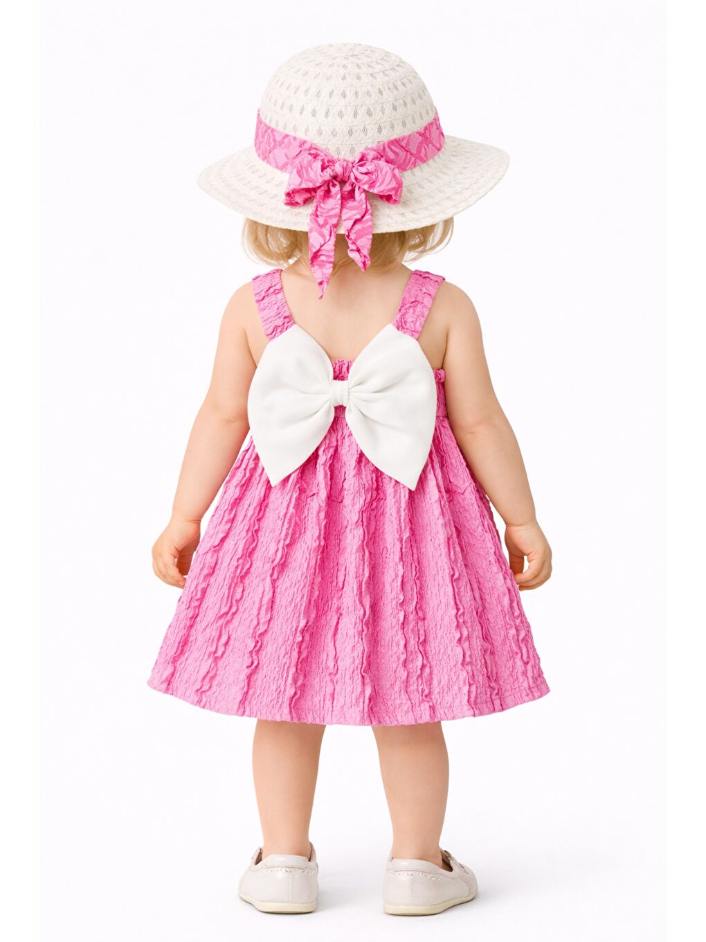 Pembe Kız Bebek Tarz Fırfırlı Yazlık Elbise Şapkalı 2’li Kombin-1