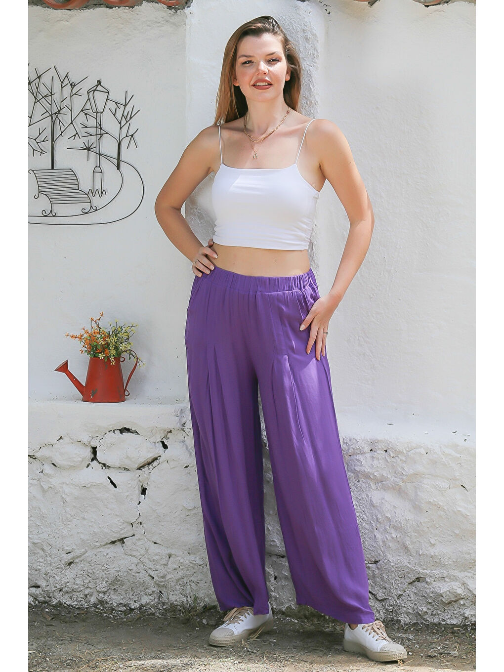 Mor Cepli Pileli Dokuma Lastikli Bel Geniş Paça Casual Pantolon-1