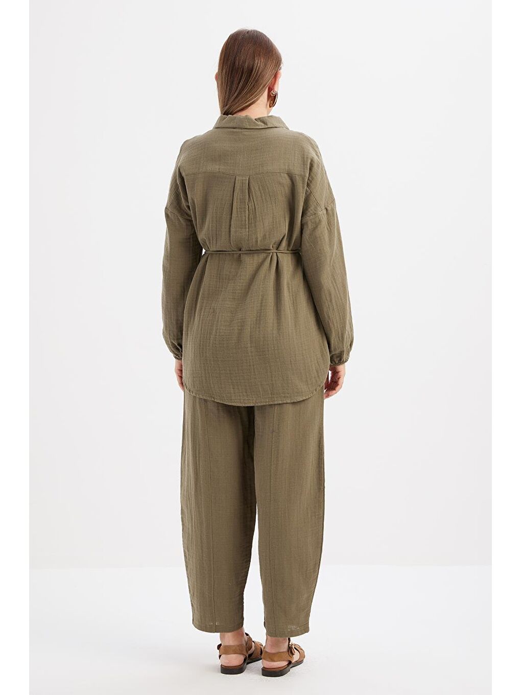 Haki-Yarım Patlı Düğmeli Müslin Tunik-3