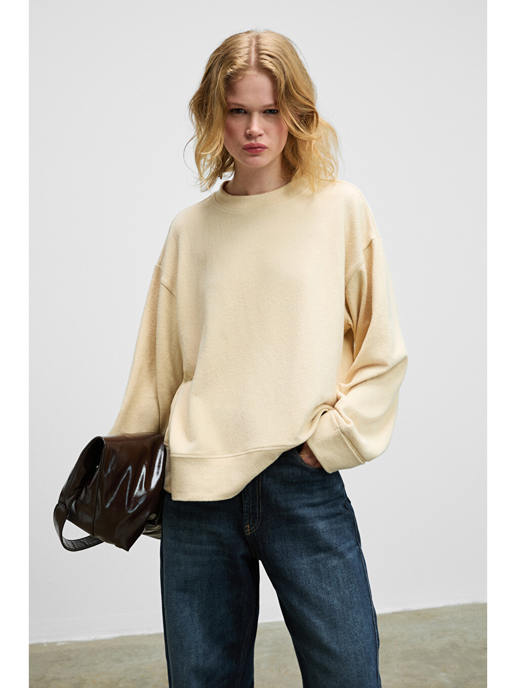 Bej Zephıra Kadın Yumuşak Ve Esnek Kumaşlı Yuvarlak Yakalı Vizon Sweatshirt-1