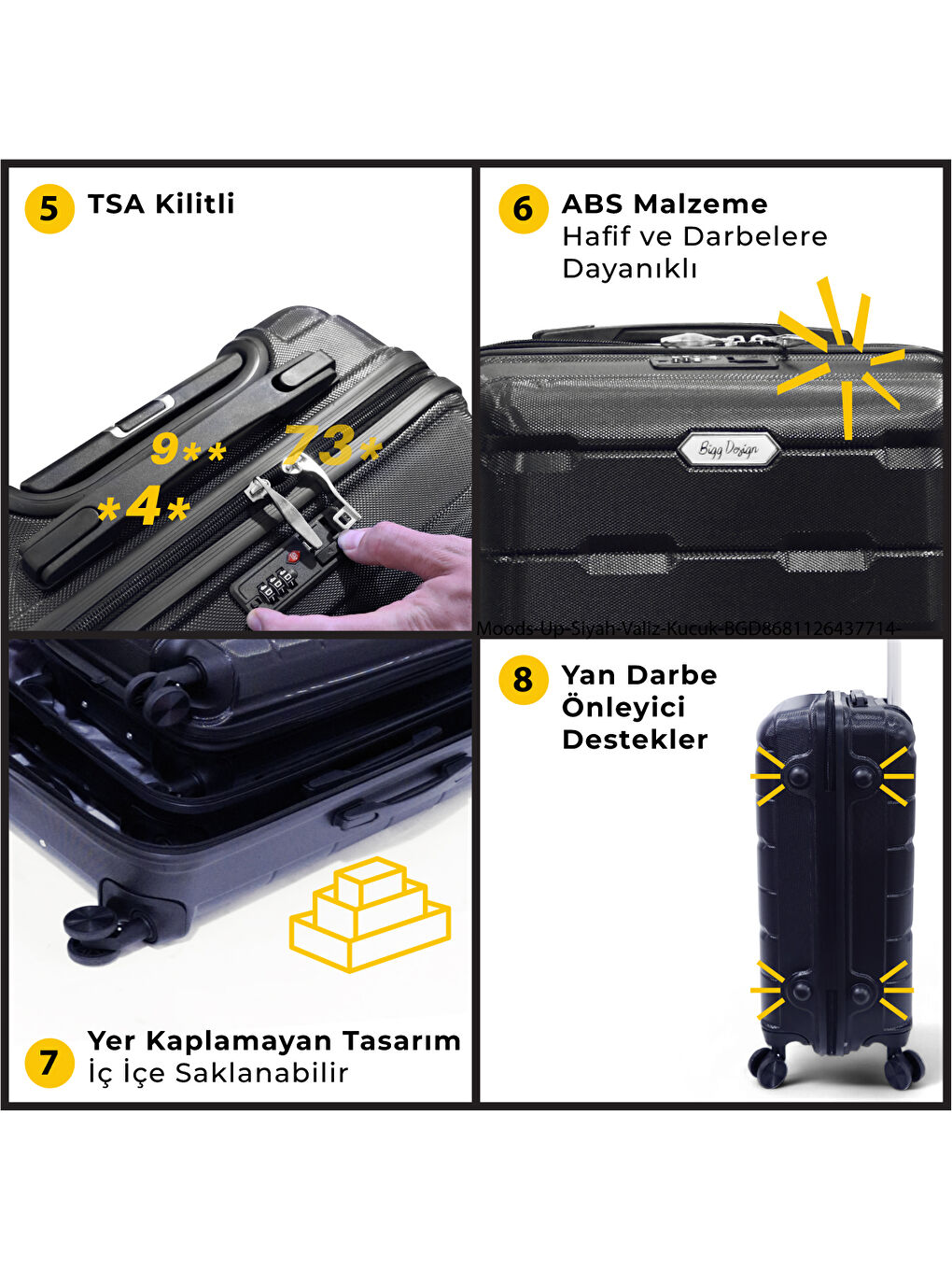 Moods Up TSA Kilitli 20" ABS Gövdeli Valiz | Kabin Boy-Siyah-6
