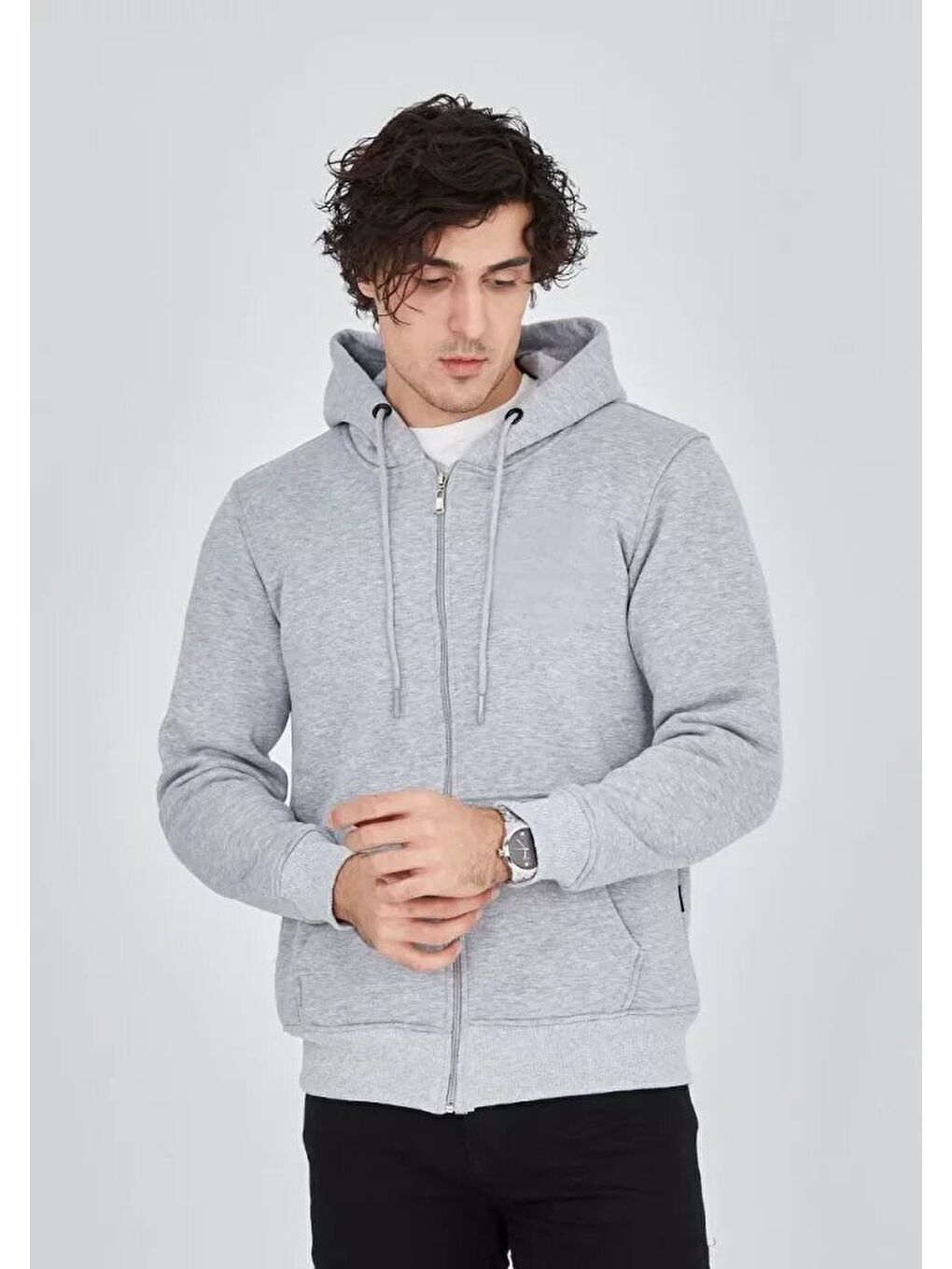 Unisex Tam Fermuarlı Kapşonlu  Sweatshirt - Gri-1