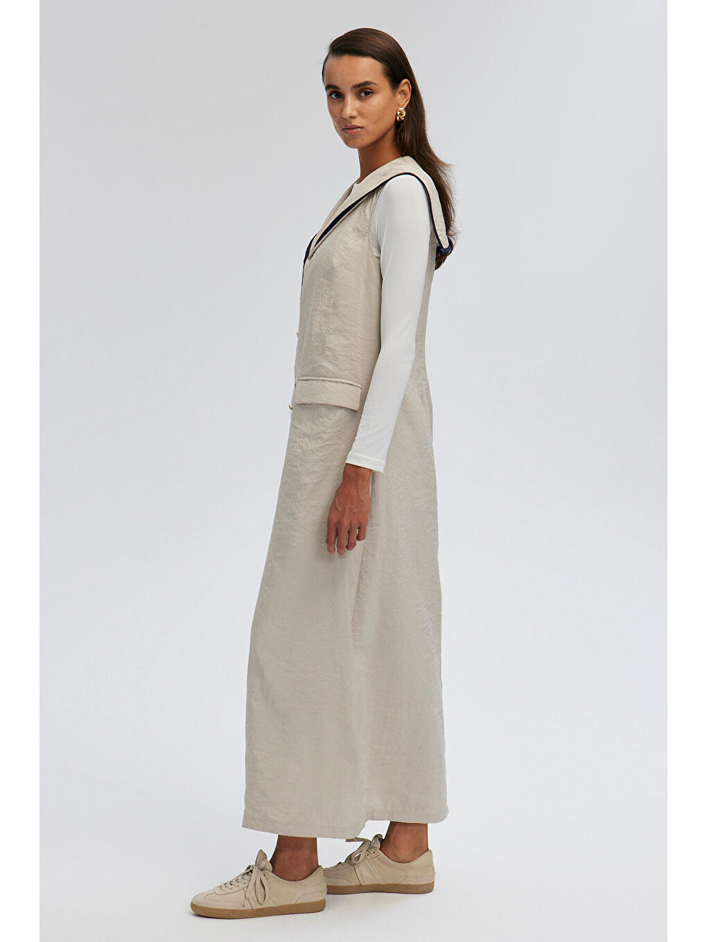 Bej Kruvaze Kolsuz Elbise-2