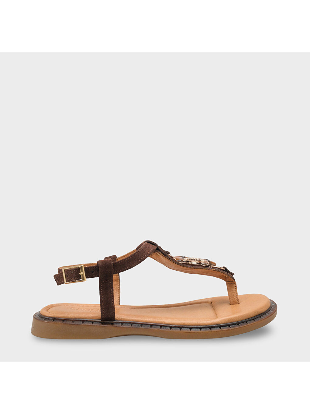 Kahverengi Mallorie Hakiki Deri Metal Tokalı Düz Topuklu Kadın Sandalet