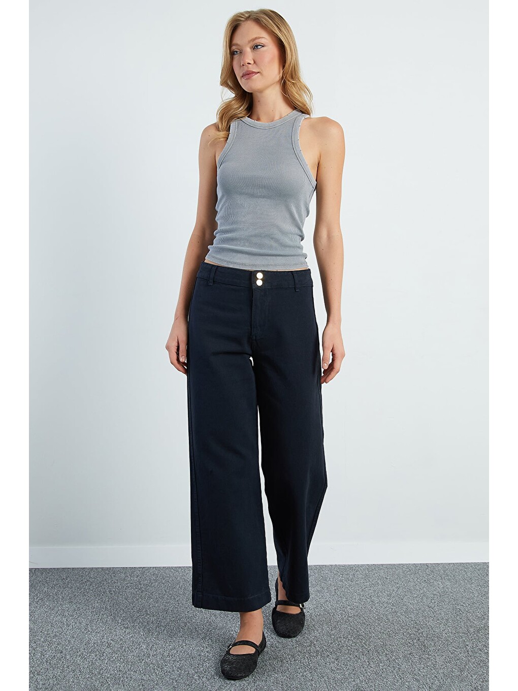 Lacivert Çift Düğmeli Gabardin Pantolon-1