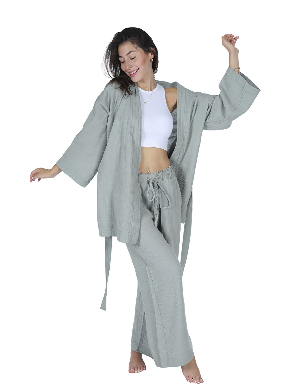 Wheeppo Mint Yeşil Loungewear Tek Kimono – %100 Pamuk Bürümcük Müslin Rahat Kalıp Ev Giyim - 1