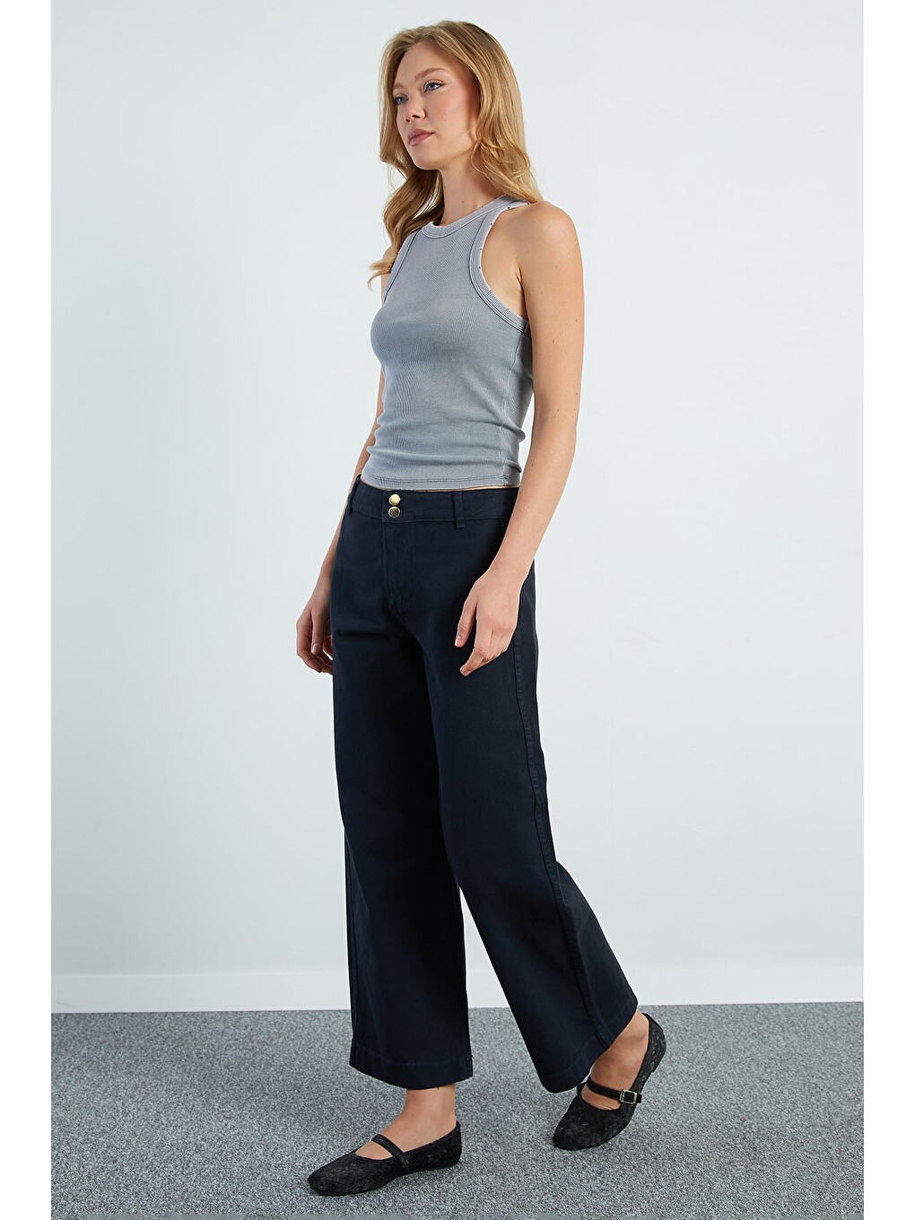 Lacivert Çift Düğmeli Gabardin Pantolon-2