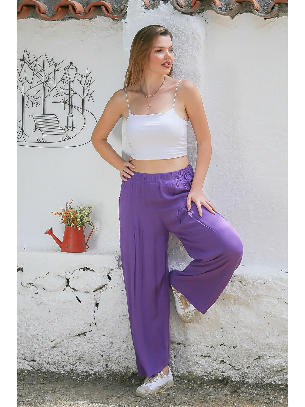 Mor Cepli Pileli Dokuma Lastikli Bel Geniş Paça Casual Pantolon-2