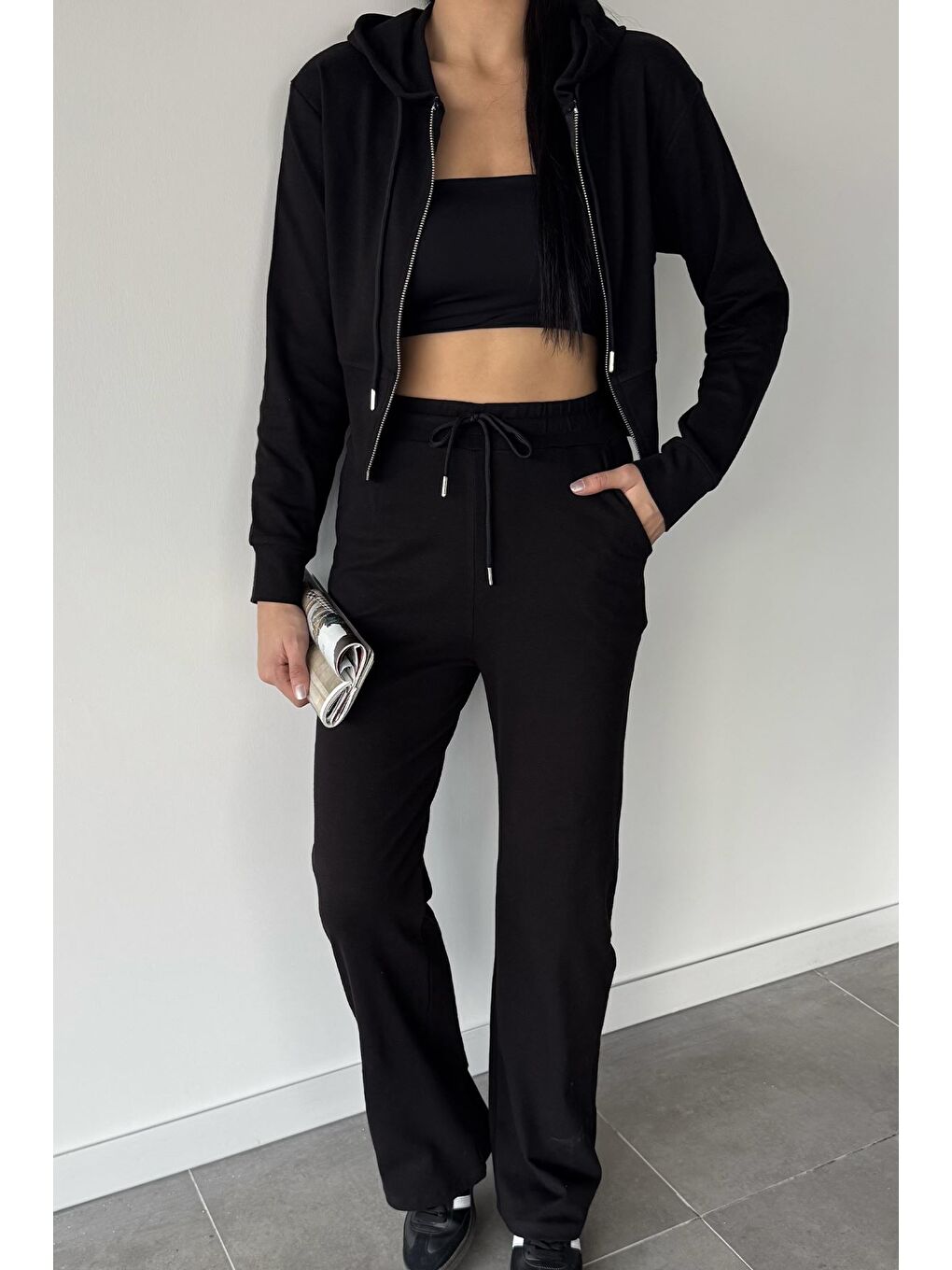 Siyah Kadın Kapüşonlu Fermuarlı Sweat Pantolon İkili Takım