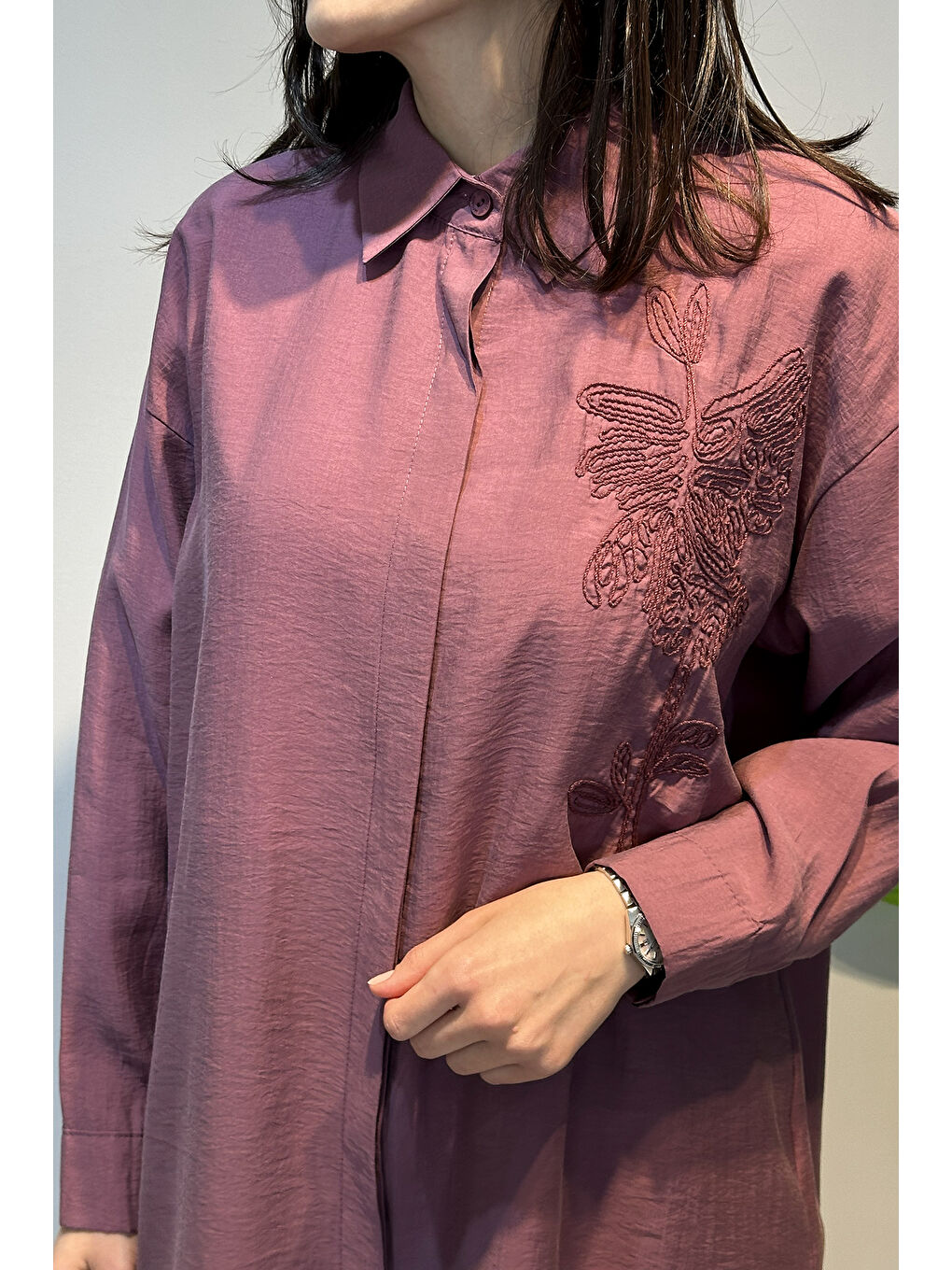 Nakış İşlemeli Oversize Gömlek Tunik 4471 Mürdüm-1