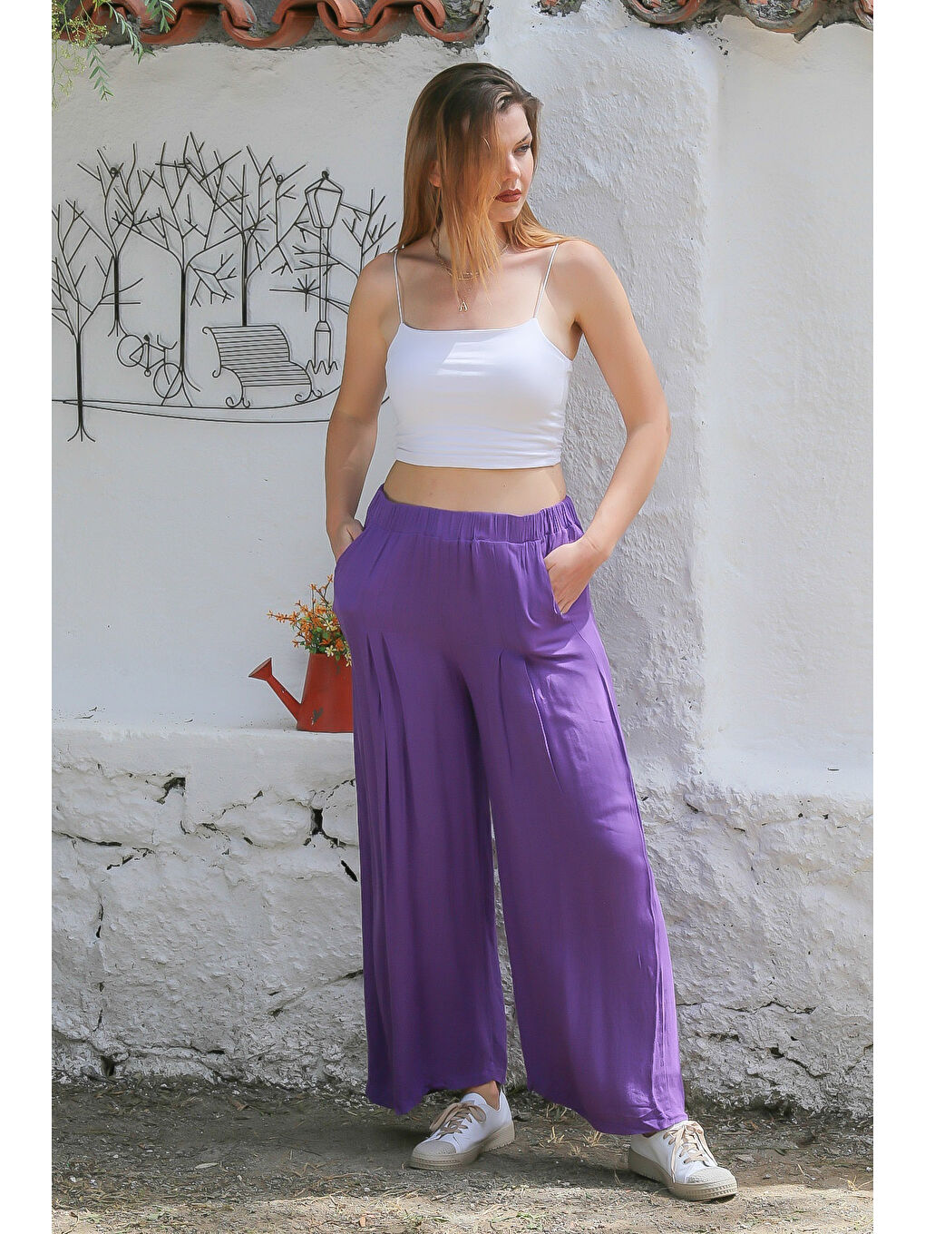 Mor Cepli Pileli Dokuma Lastikli Bel Geniş Paça Casual Pantolon-4