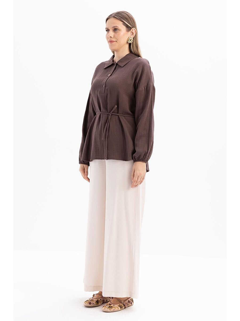 Kahverengi Kahve-Yarım Patlı Düğmeli Müslin Tunik-2