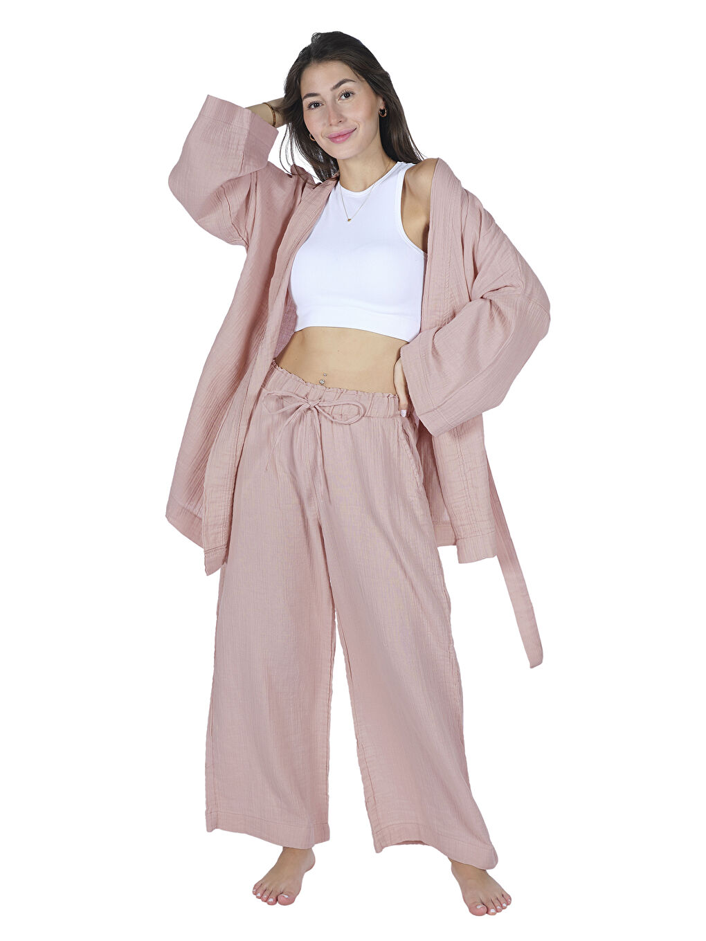 Wheeppo Gülkurusu Loungewear Tek Kimono – %100 Pamuk Bürümcük Müslin Rahat Kalıp Ev Giyim