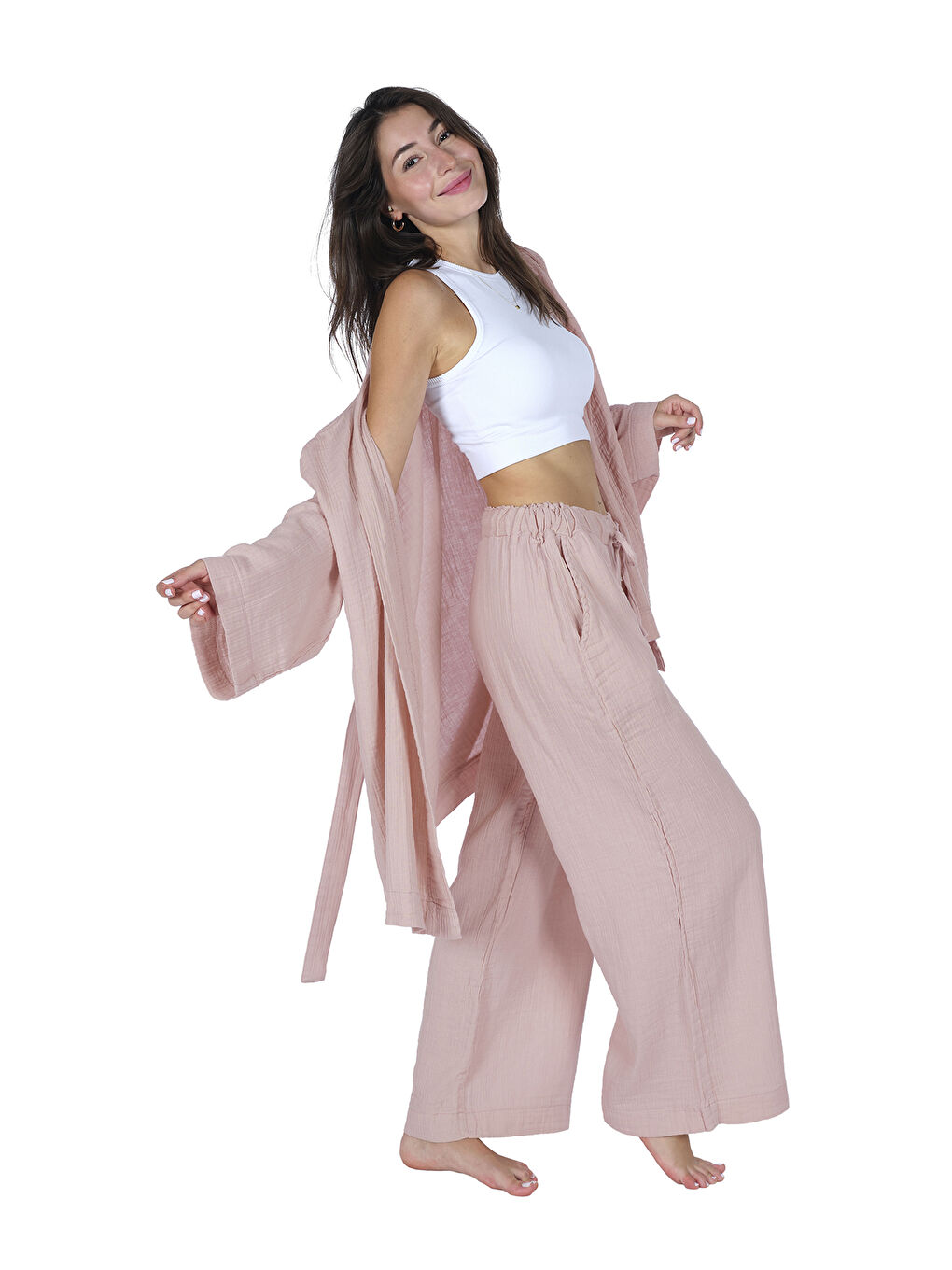 Wheeppo Gülkurusu Loungewear Tek Kimono – %100 Pamuk Bürümcük Müslin Rahat Kalıp Ev Giyim - 1