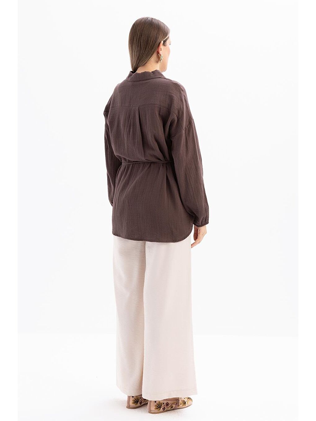 Kahverengi Kahve-Yarım Patlı Düğmeli Müslin Tunik-3