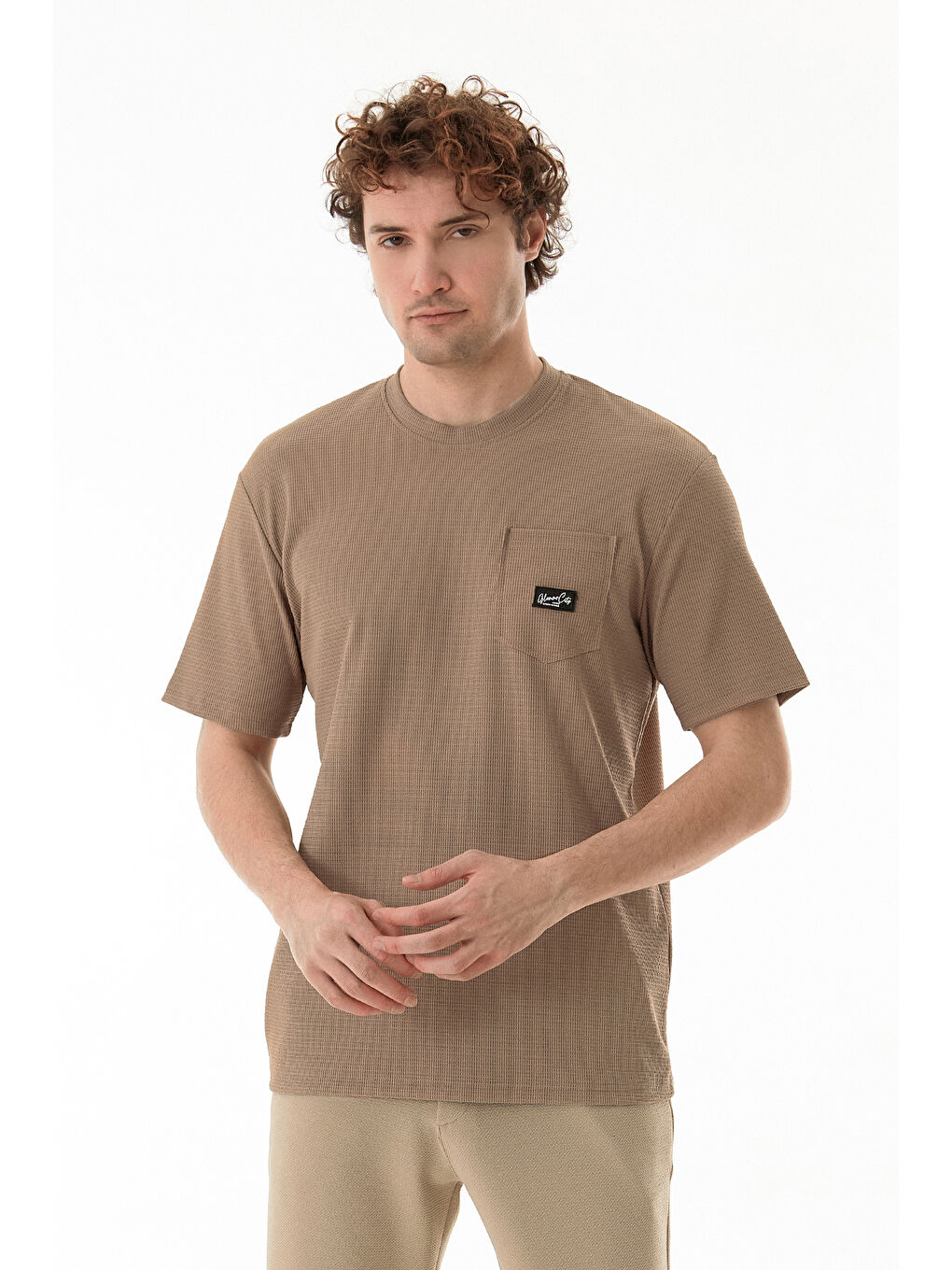 Kahverengi Basic Bisiklet Yaka Cepli Jakarlı Tişört