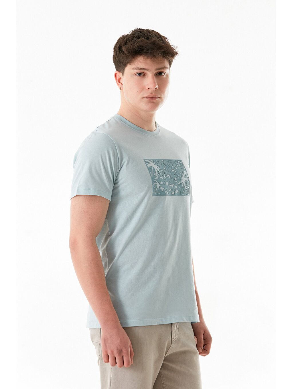 Mavi Kabartma Baskılı Bisiklet Yaka Tişört-4