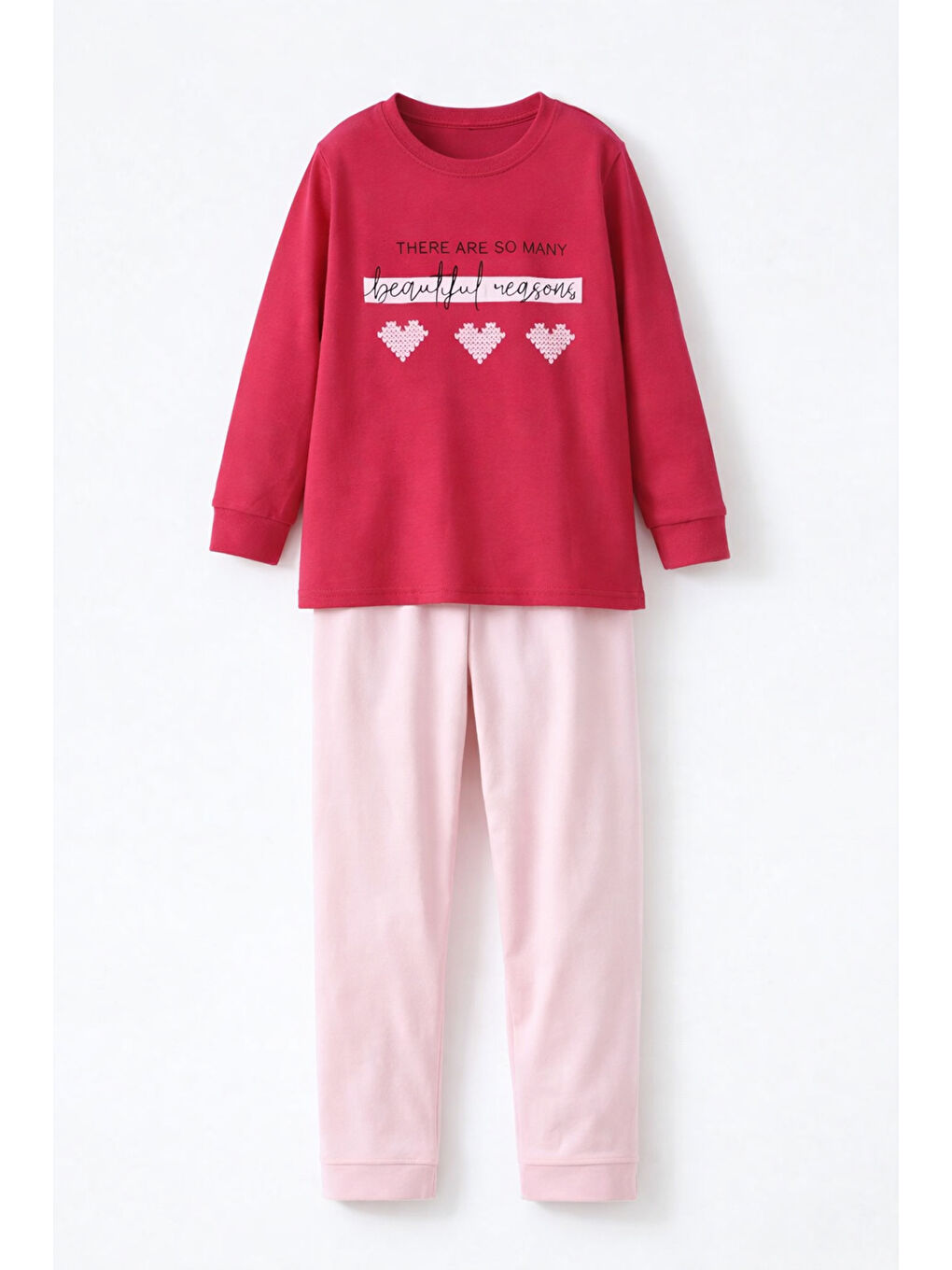 Genç Kız Çocuk Pamuklu Desenli Pijama Takımı 8412 Fuşya02