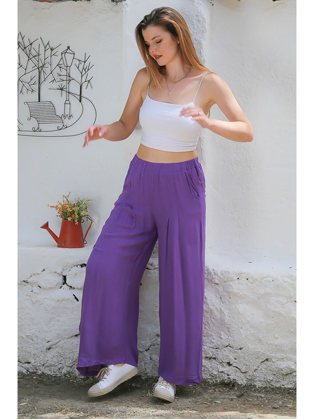 Mor Cepli Pileli Dokuma Lastikli Bel Geniş Paça Casual Pantolon-5