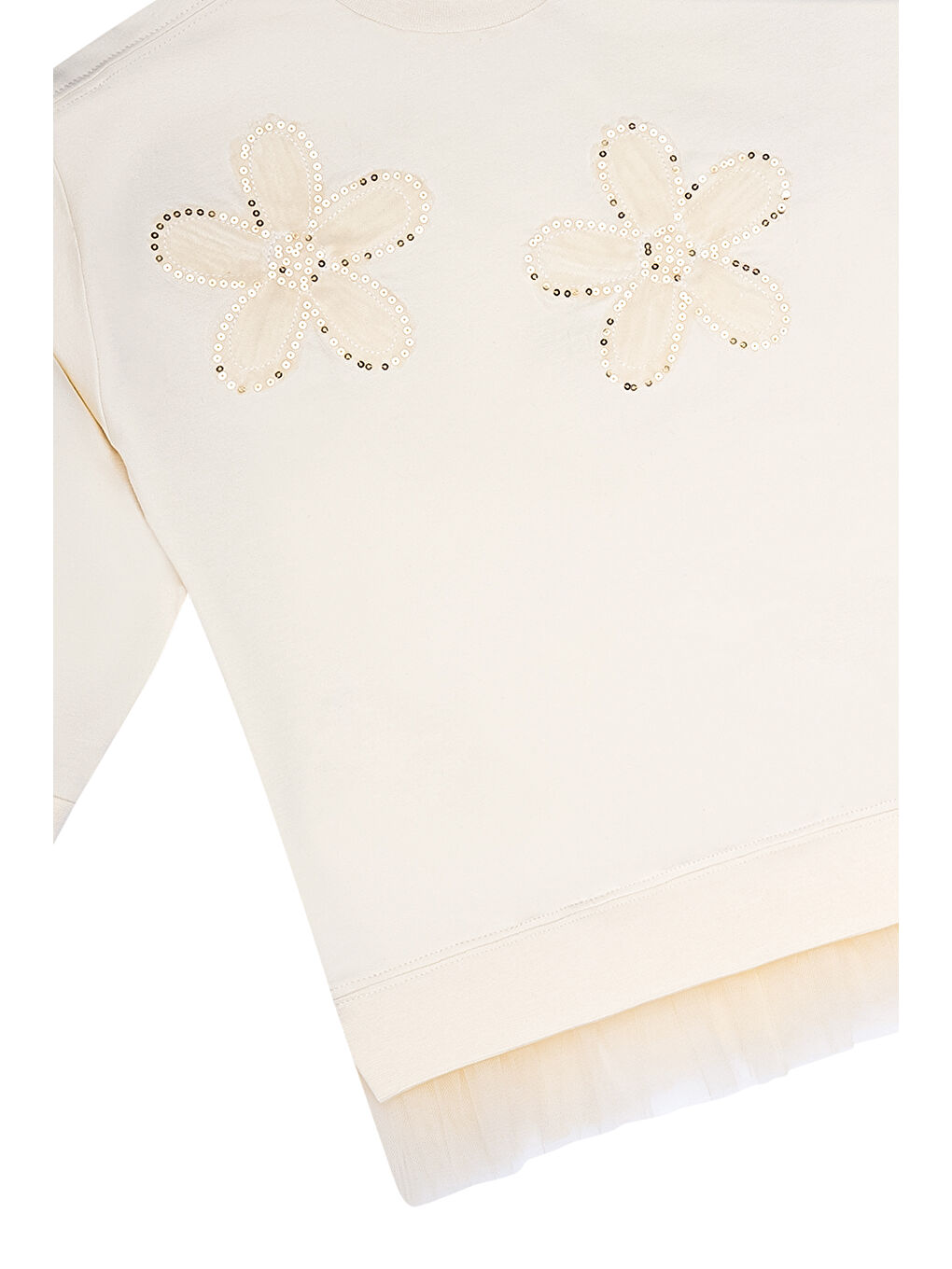 Ekru Çiçek Nakışlı Tüllü Sweatshirt-3