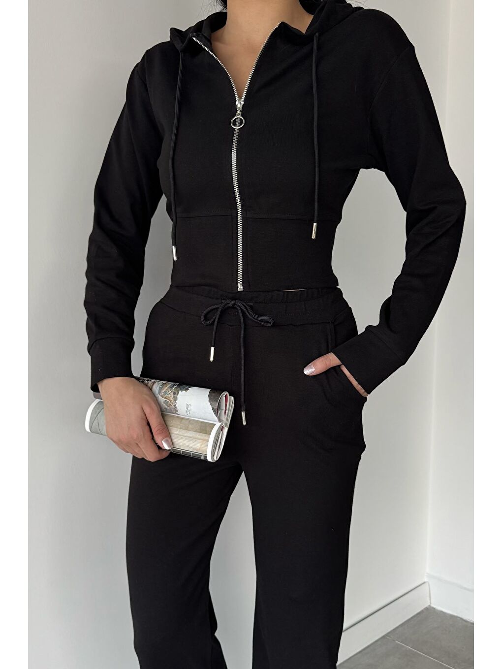 Siyah Kadın Kapüşonlu Fermuarlı Sweat Pantolon İkili Takım-1