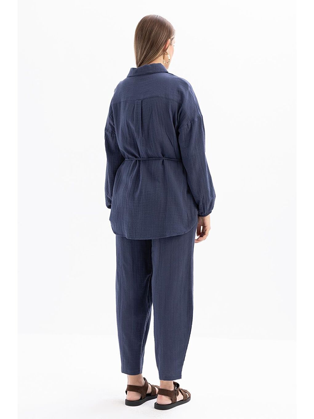 İndigo-Yarım Patlı Düğmeli Müslin Tunik-3