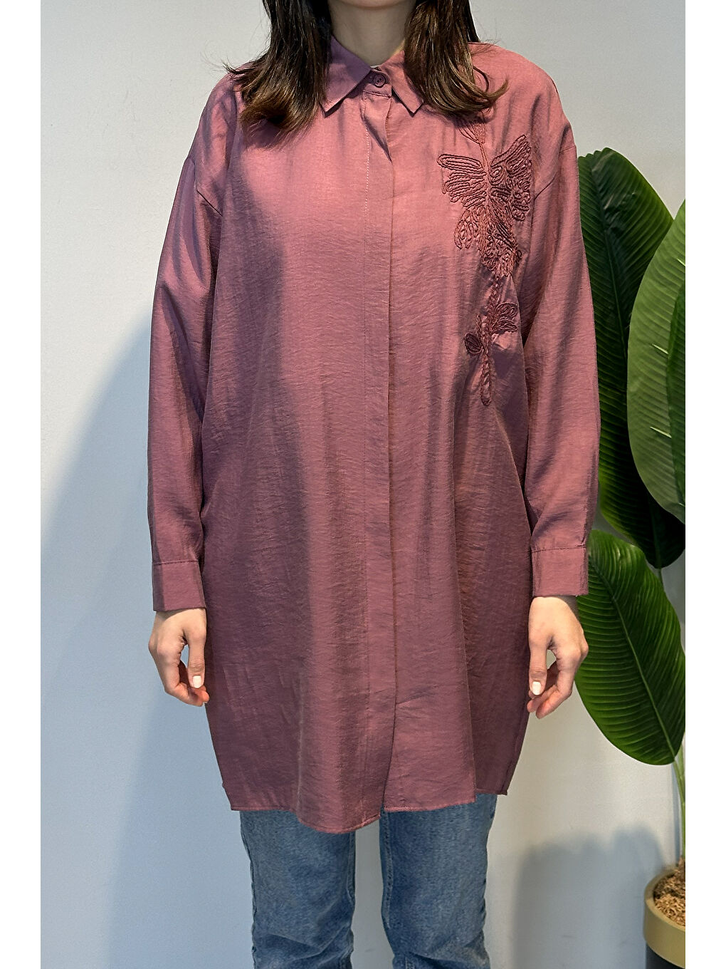Nakış İşlemeli Oversize Gömlek Tunik 4471 Mürdüm-4