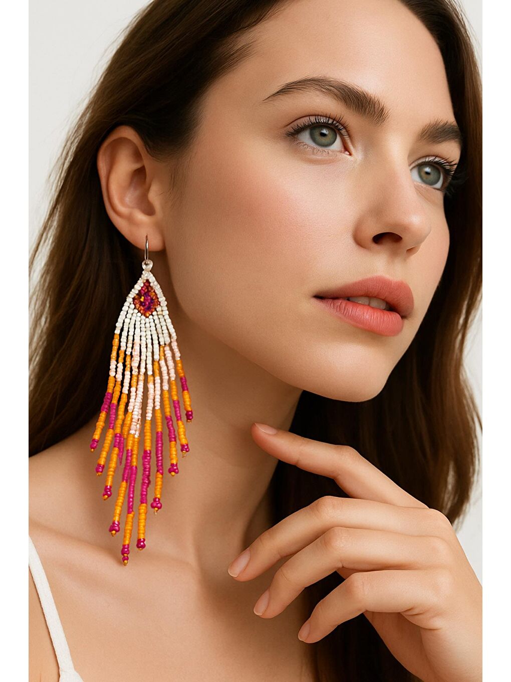 Pembe Bali Elyapımı Uzun Boncuk Bohem Tarz Küpe-3