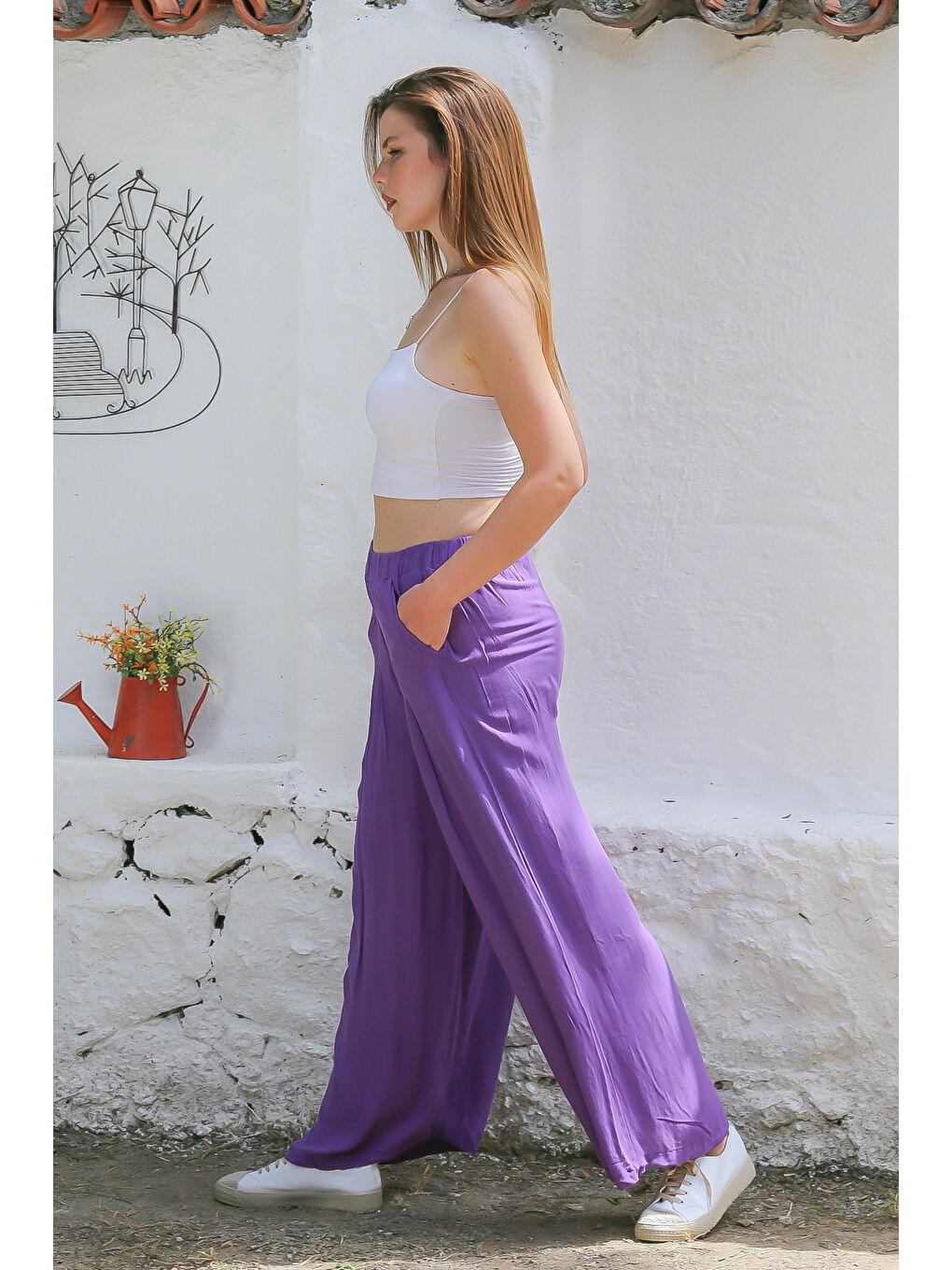 Mor Cepli Pileli Dokuma Lastikli Bel Geniş Paça Casual Pantolon-6