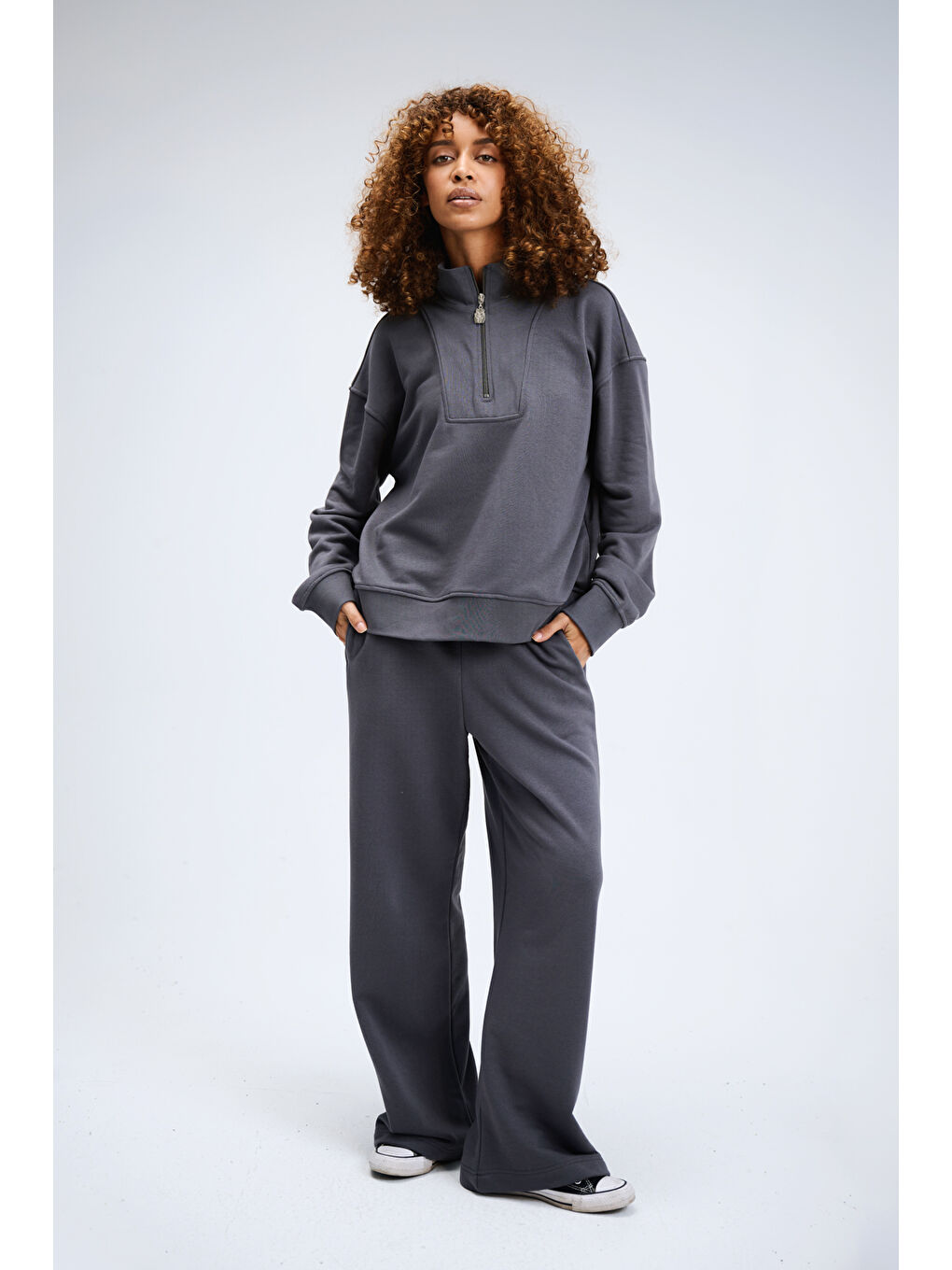 Kadın Timeless Fermuarlı Antrasit Sweatshirt-3