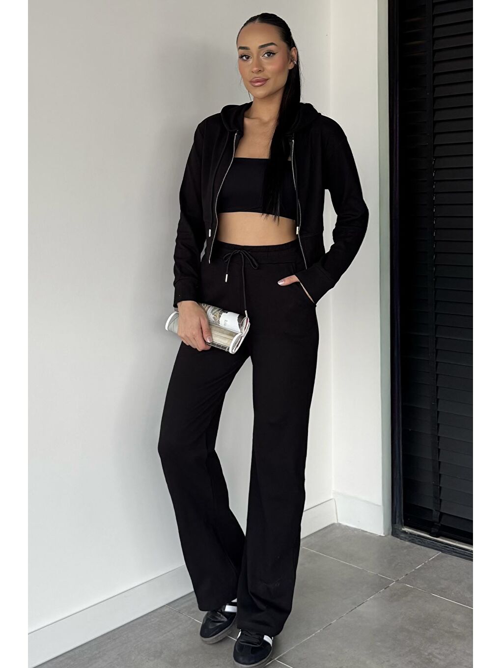 Siyah Kadın Kapüşonlu Fermuarlı Sweat Pantolon İkili Takım-2