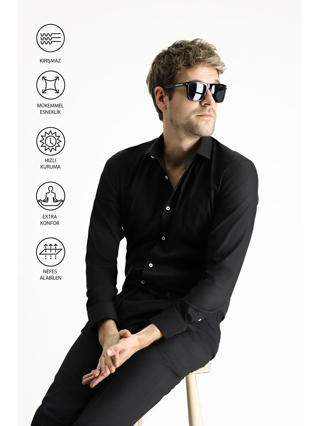 Siyah Techno-Line Uzun Kol Slim Fit Dar Kesim Klasik Gömlek